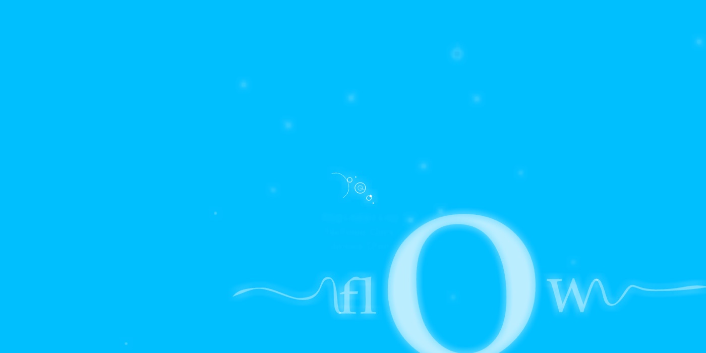 The flOw title screen: the word flOw in white serif letters with ribbons trailing off each side, small creatures drifting across a bright blue sea