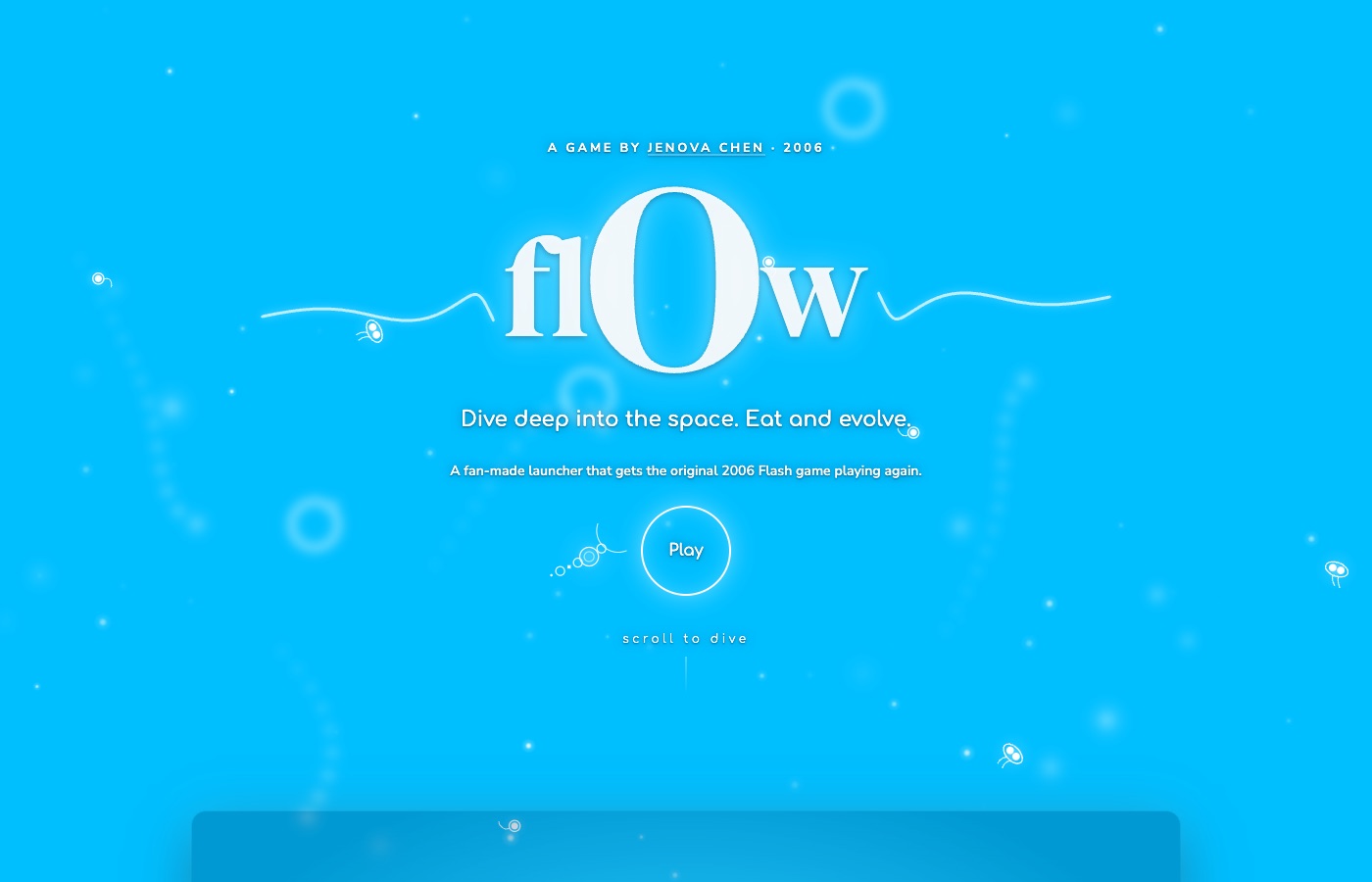 The flOw tribute page: the flOw logo over a bright blue sea of particles and blurred creatures, with a round Play button
