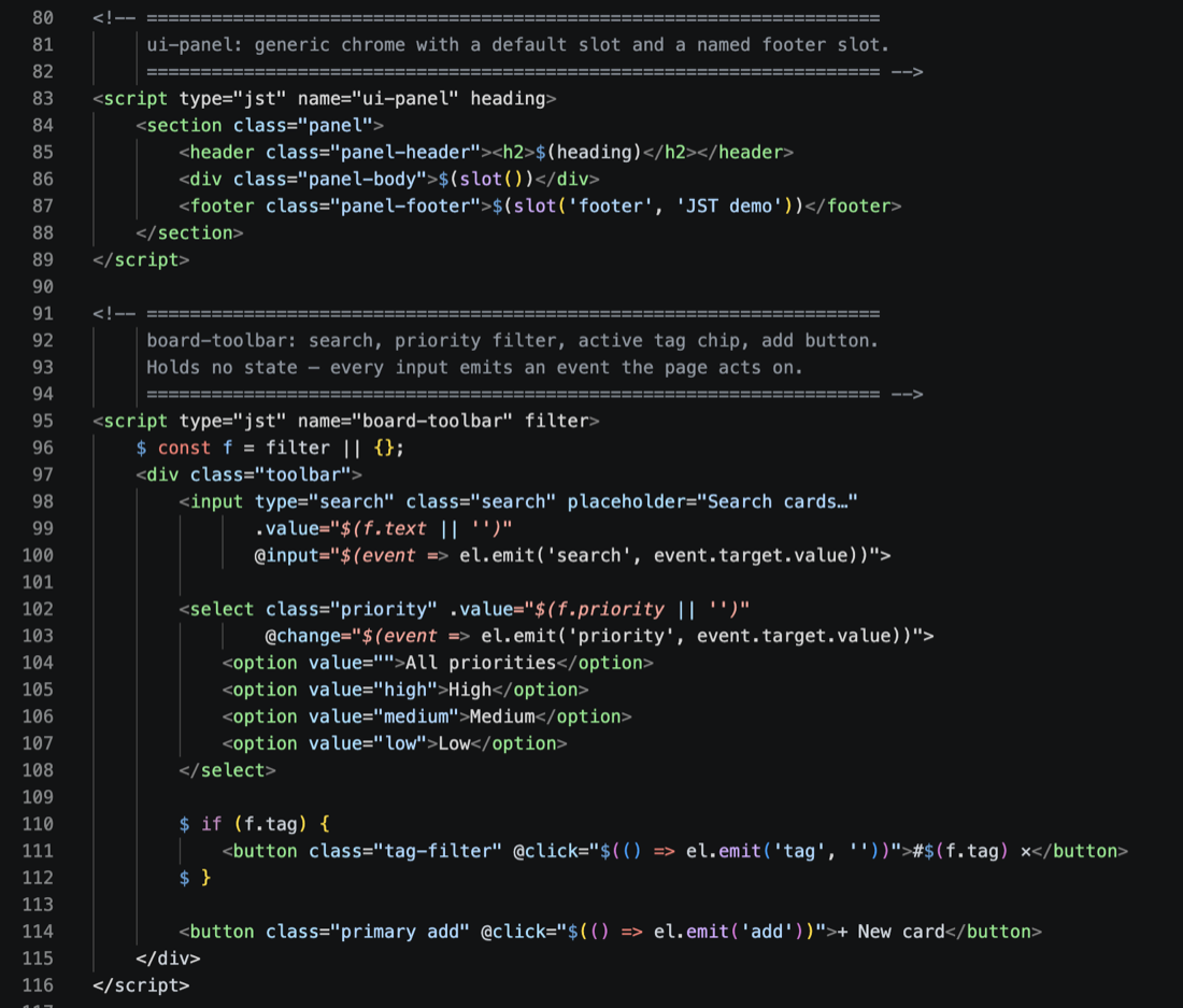 JST source: a ui-panel component with named slots, and a board-toolbar filter component