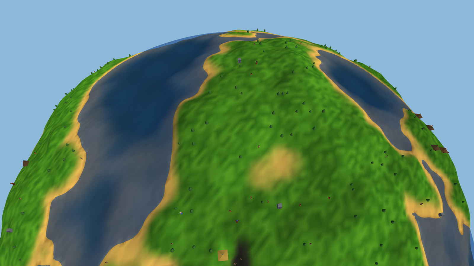 A small curved planet with green continents and blue coastlines, the signature Populous 'little world' look