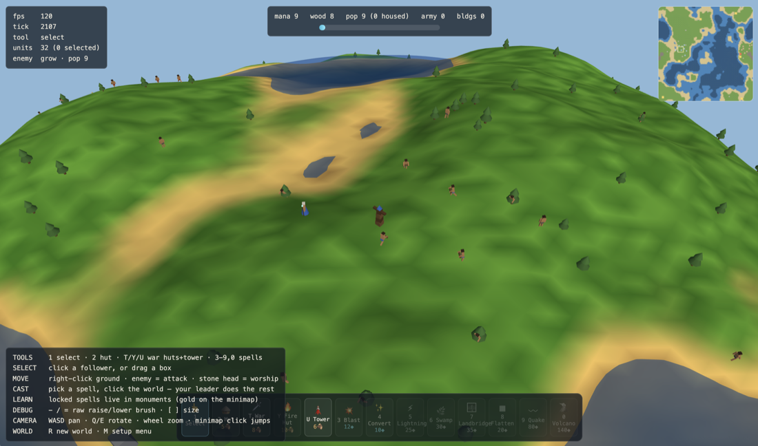 The clone in play: 3D terrain, villagers, a minimap, and the spell-book HUD along the bottom