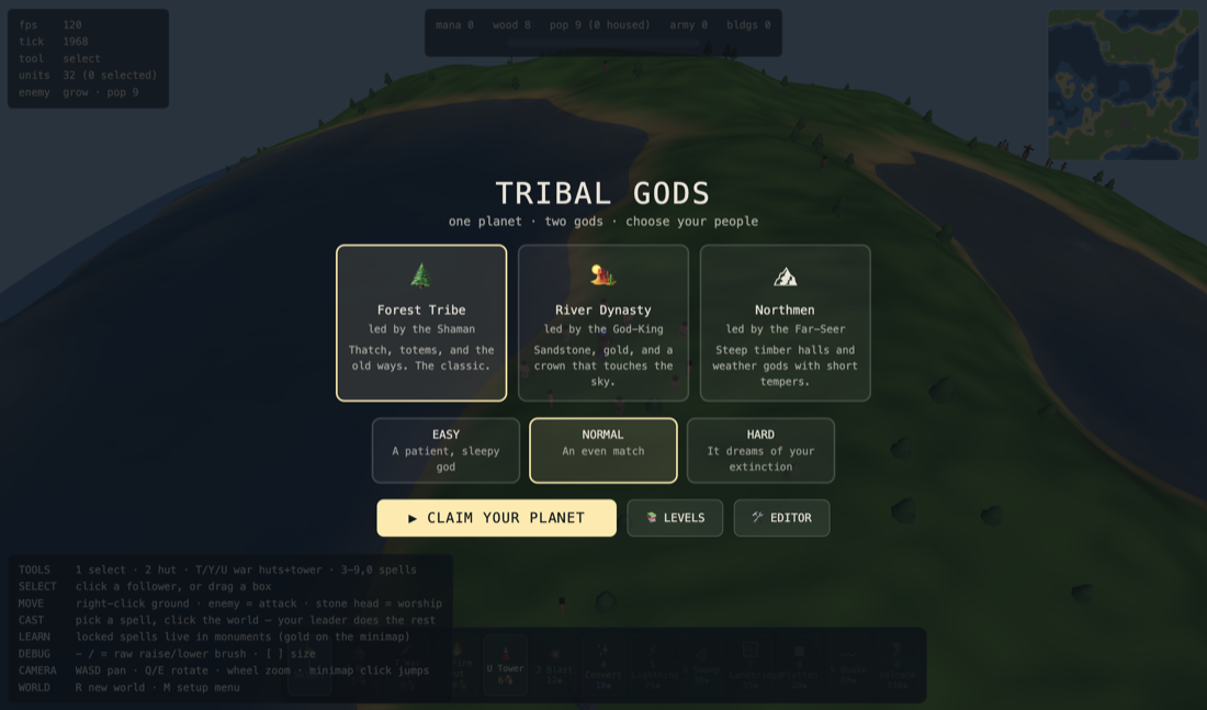 The Tribal Gods title screen: choose Forest Tribe, River Dynasty, or Northmen, plus difficulty, and Levels and Editor buttons