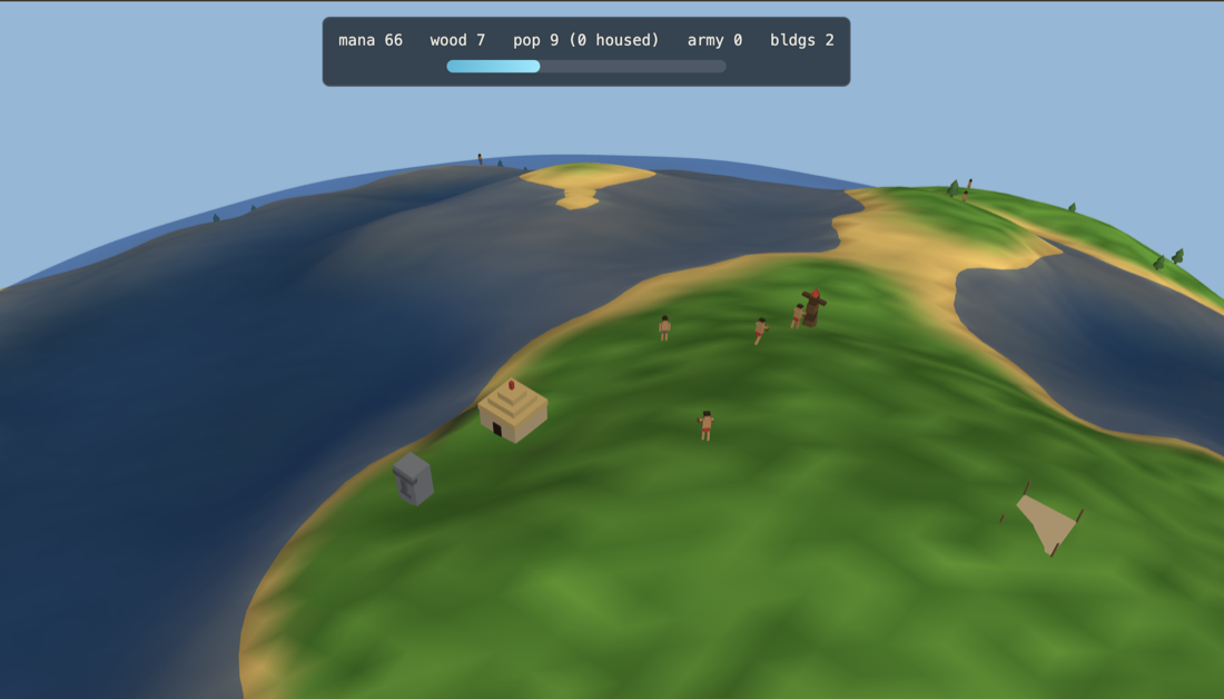 The clone's curved-horizon planet, with sculpted terrain, huts, and villagers