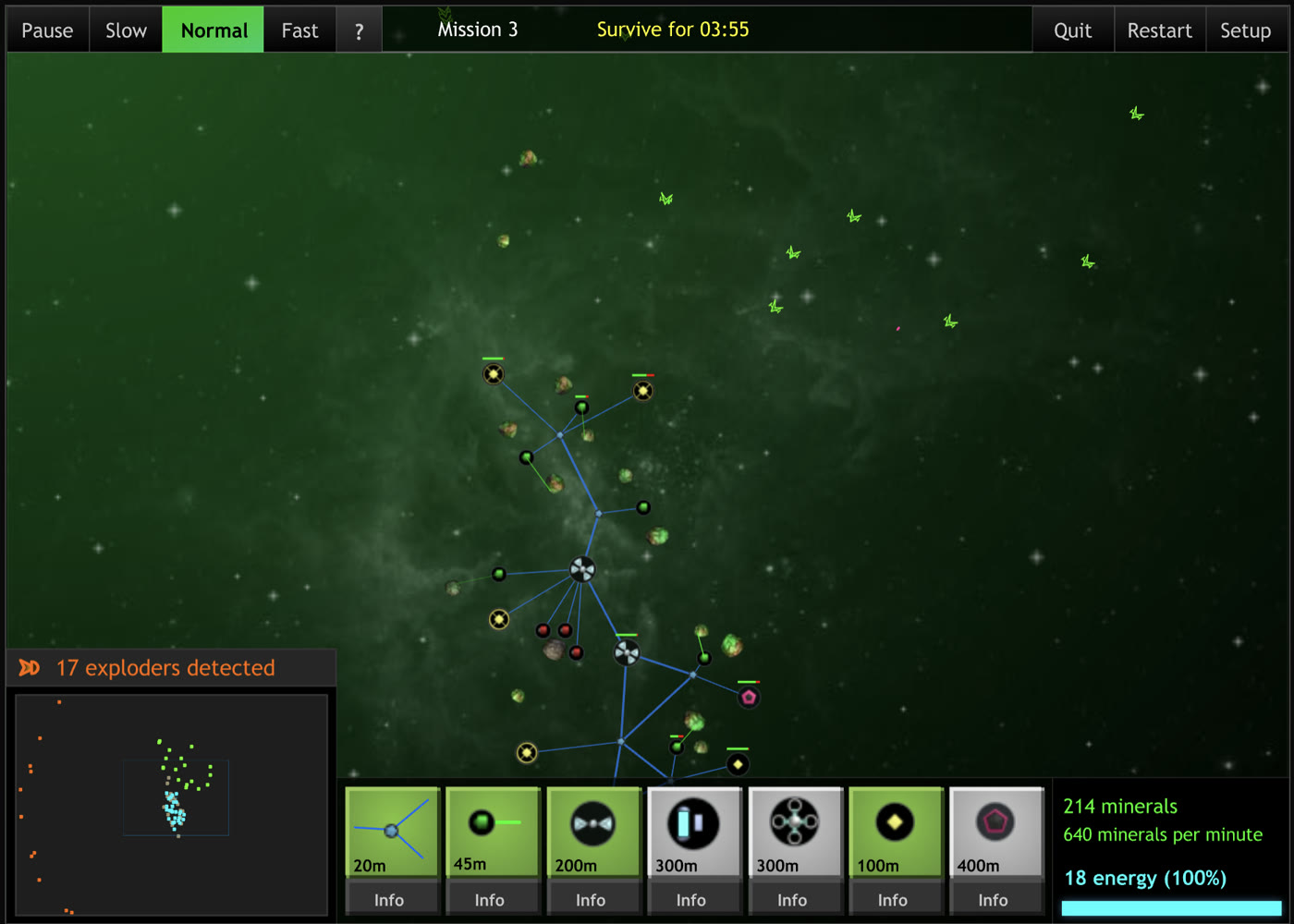 Mission 3 in play: a base of energy nodes, miners and lasers strung across an asteroid field, the build bar open, 17 exploders detected