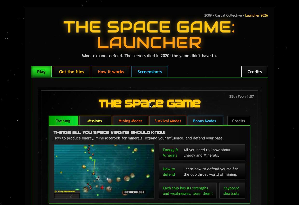 The launcher page: The Space Game running inside a black frame styled like the game's menu, with coloured tabs above and a volume bar below