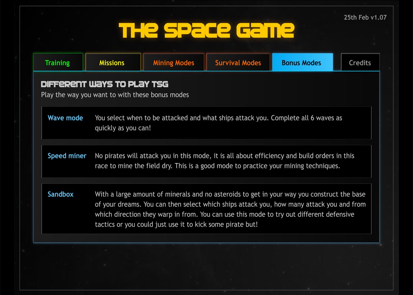 The Space Game main menu: glowing yellow title, Training, Missions, Mining Modes, Survival Modes and Bonus Modes tabs
