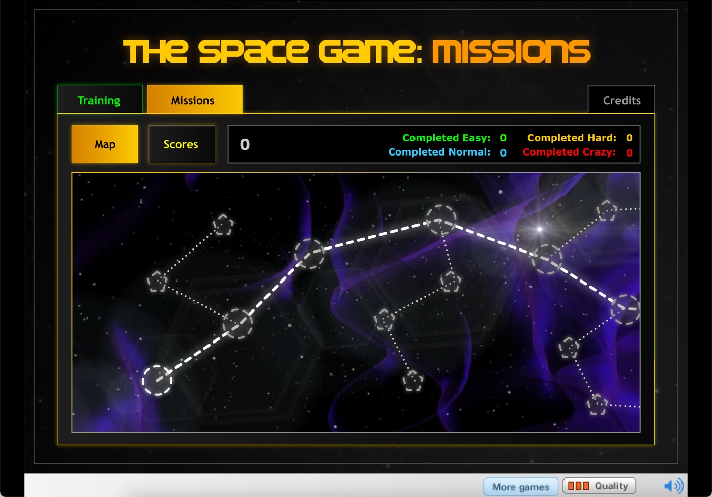The Space Game: Missions star map, dashed routes between mission nodes over purple nebulae, with Easy, Normal, Hard and Crazy completion counters
