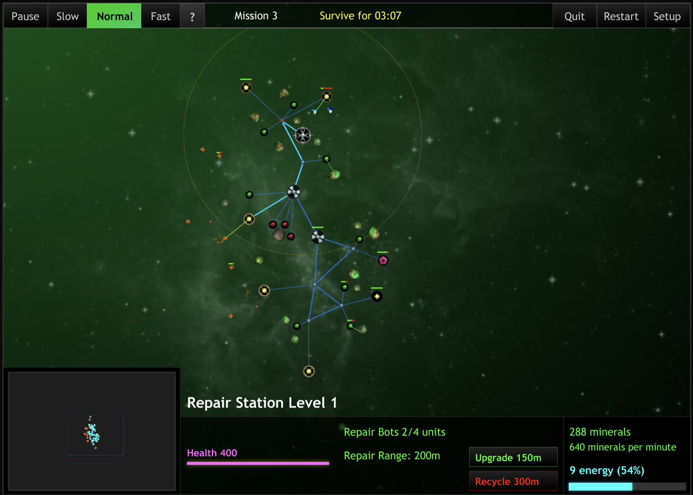 A pirate wave closing in: 30 missile ships detected, the minimap full of red, the base bristling with lasers