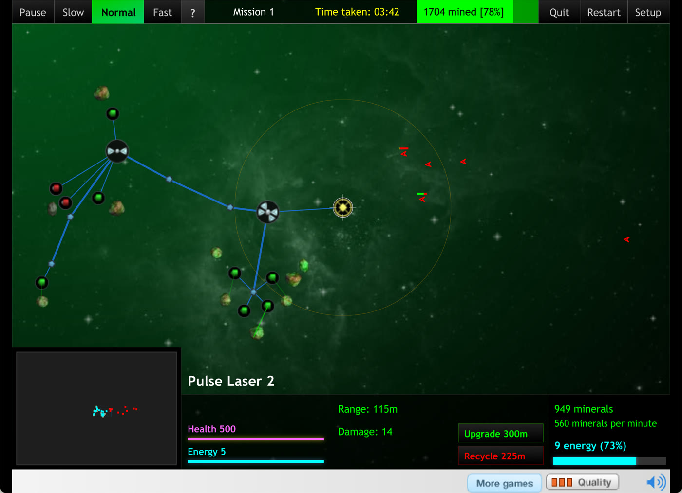 Mission 1 at 78% mined: a network of nodes, miners and solar stations, three pulse lasers, and a wave of red fighters coming in from the right
