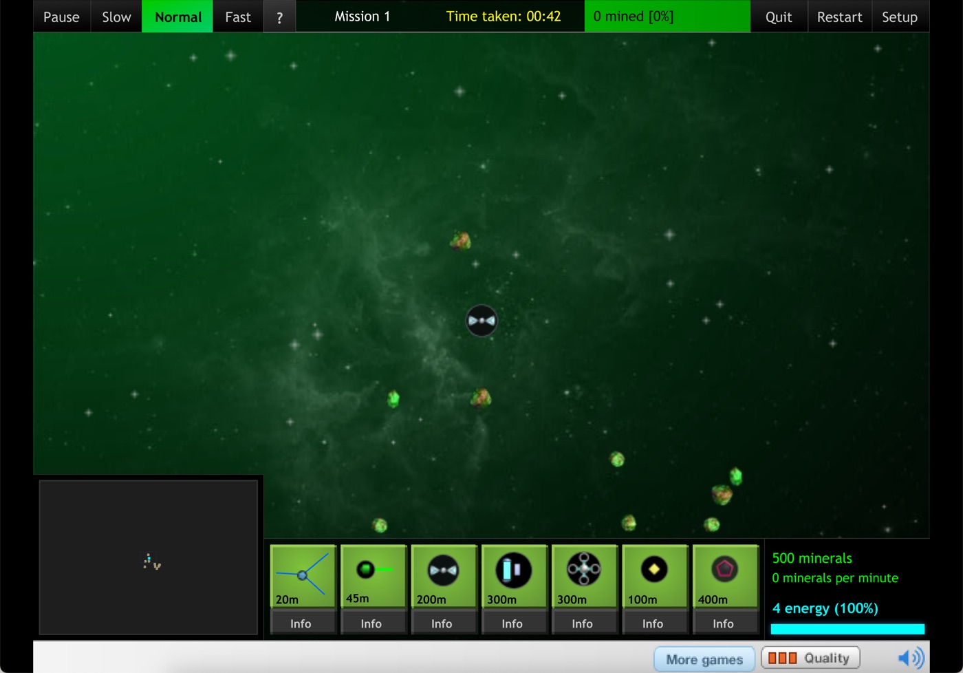In play: the base at the centre of a green nebula with asteroids, the build bar along the bottom