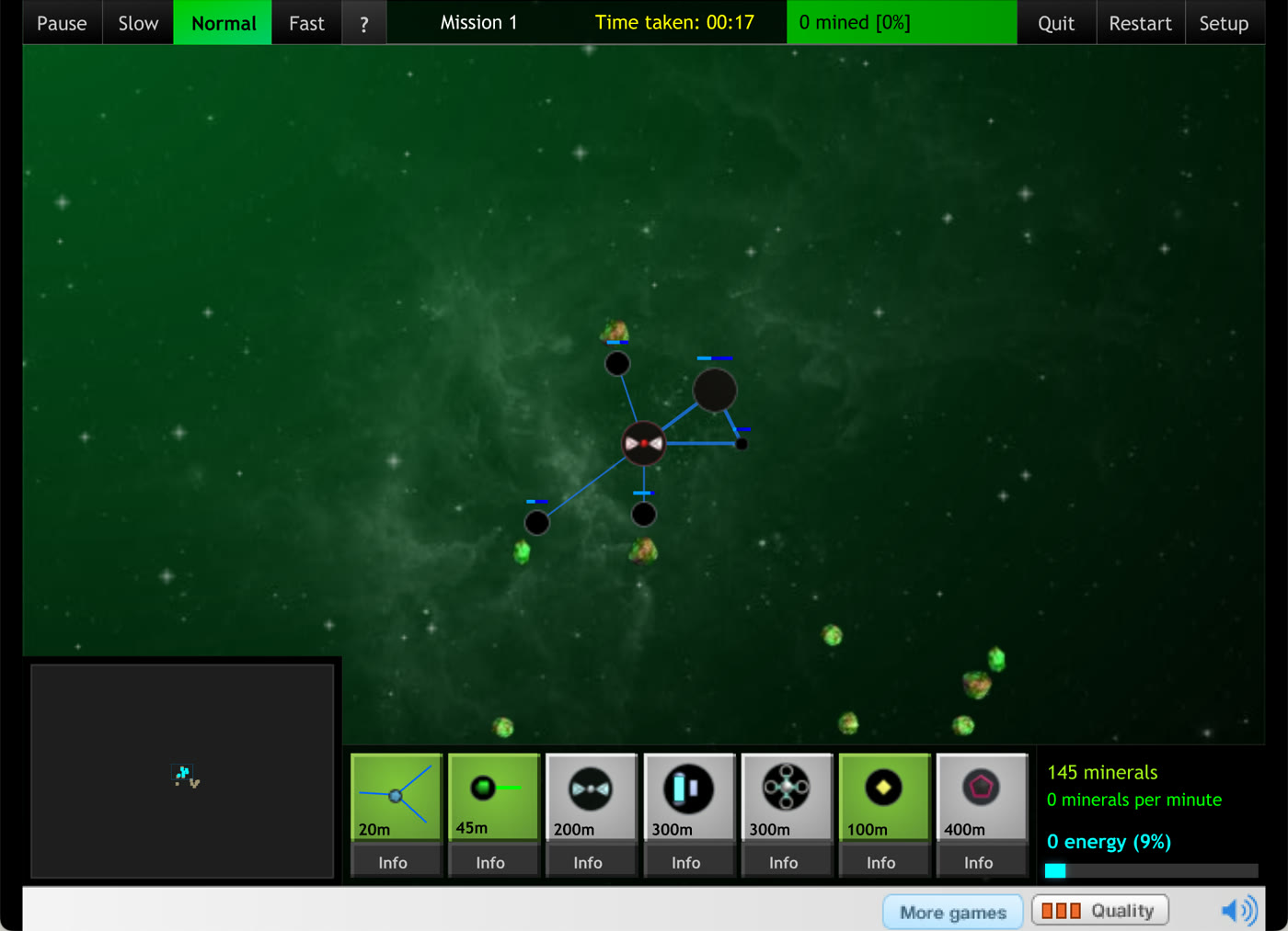 Seventeen seconds into Mission 1: three miners on asteroids, a solar array and a node linked to the base by blue power lines