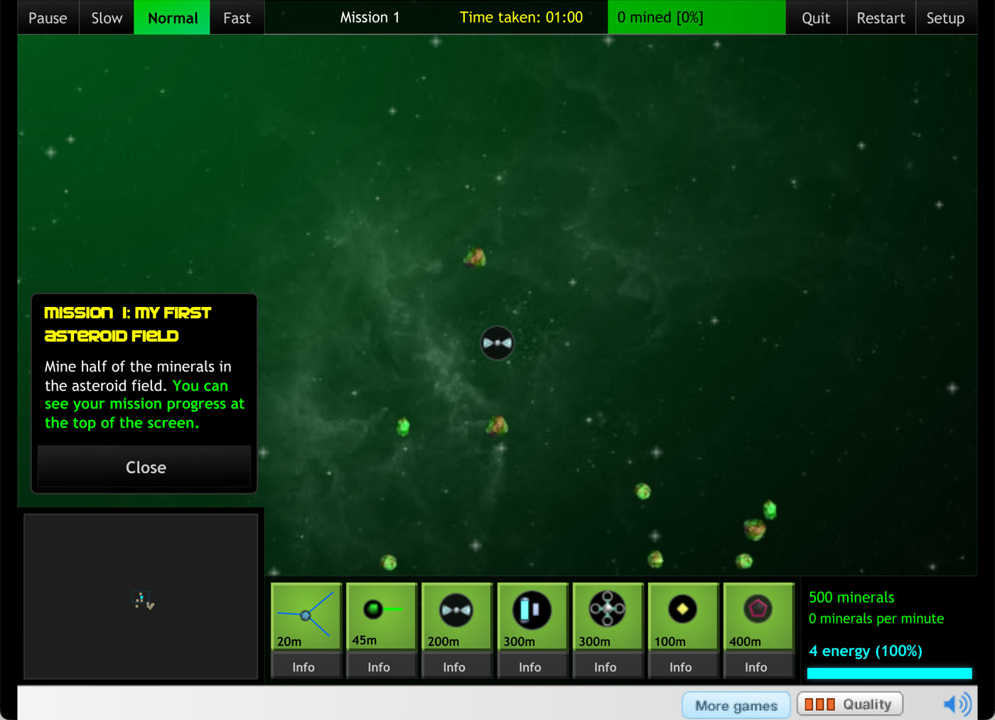 Mission 1 briefing over a green nebula: mine half of the minerals in the asteroid field
