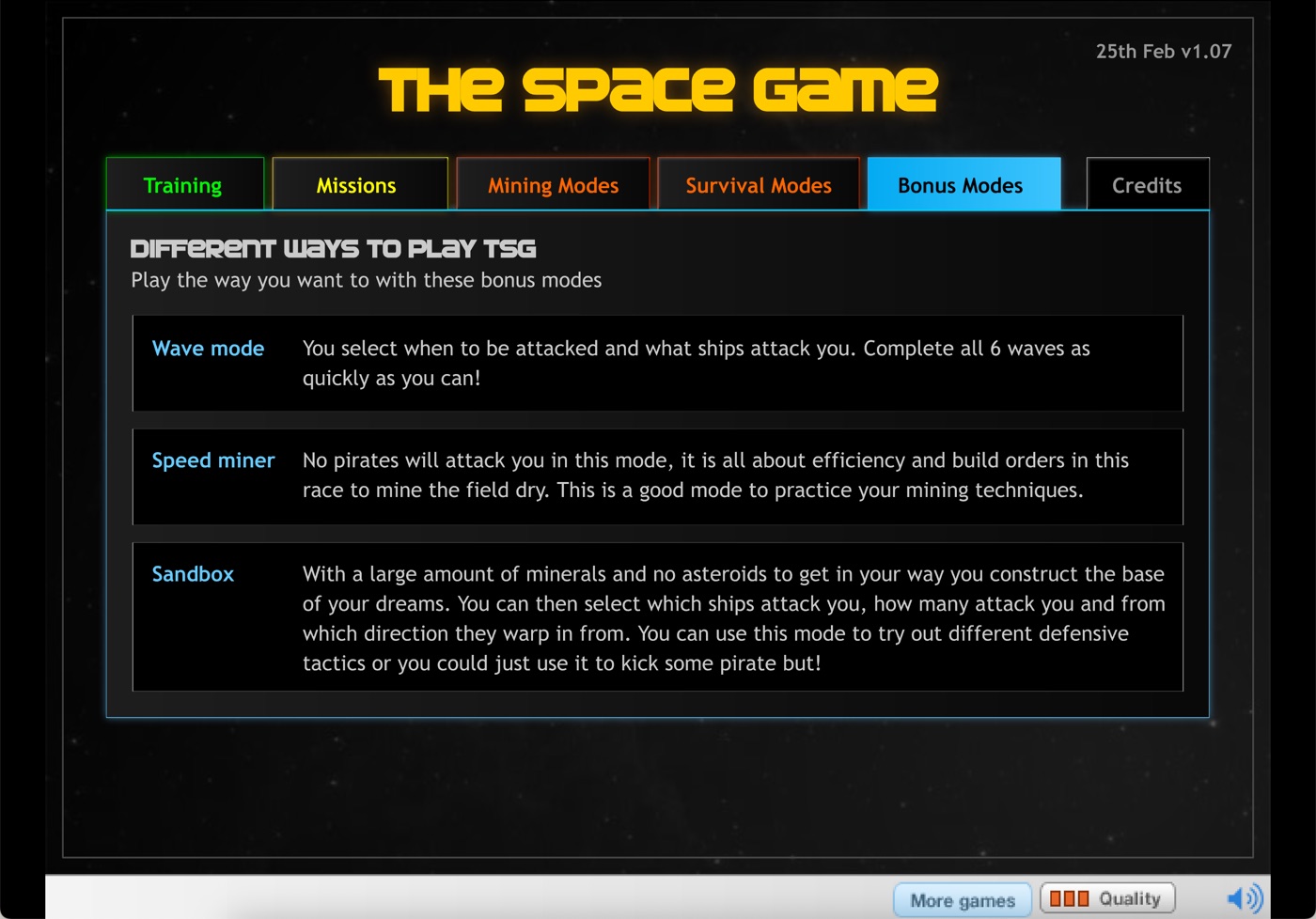 The Space Game main menu on the Bonus Modes tab, listing Wave mode, Speed miner and Sandbox