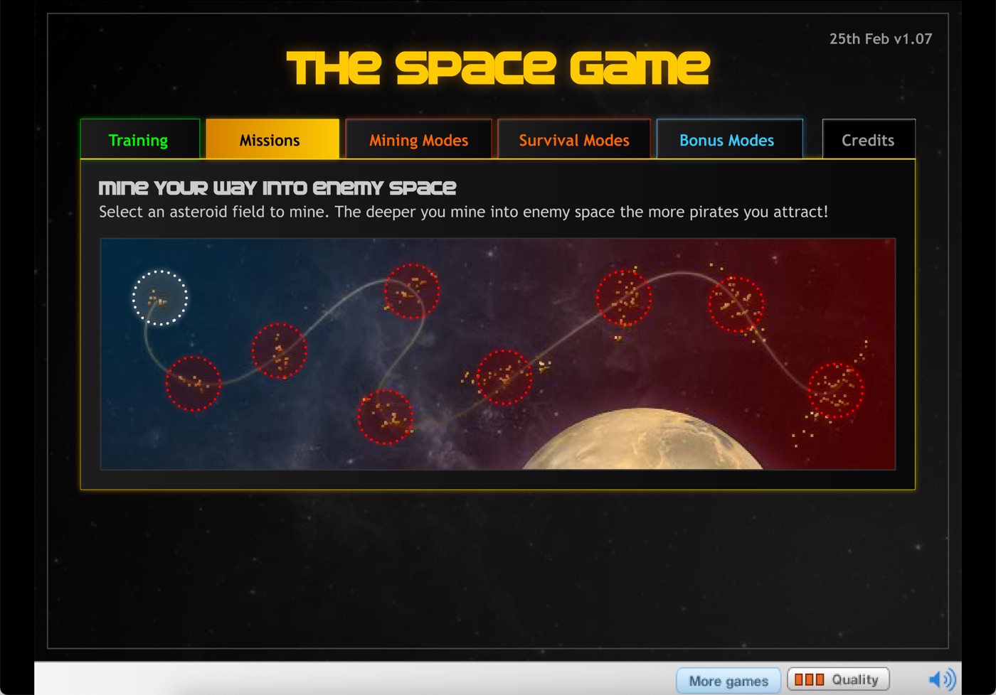 The Space Game Missions tab: a curved route of asteroid fields from blue friendly space into red enemy space