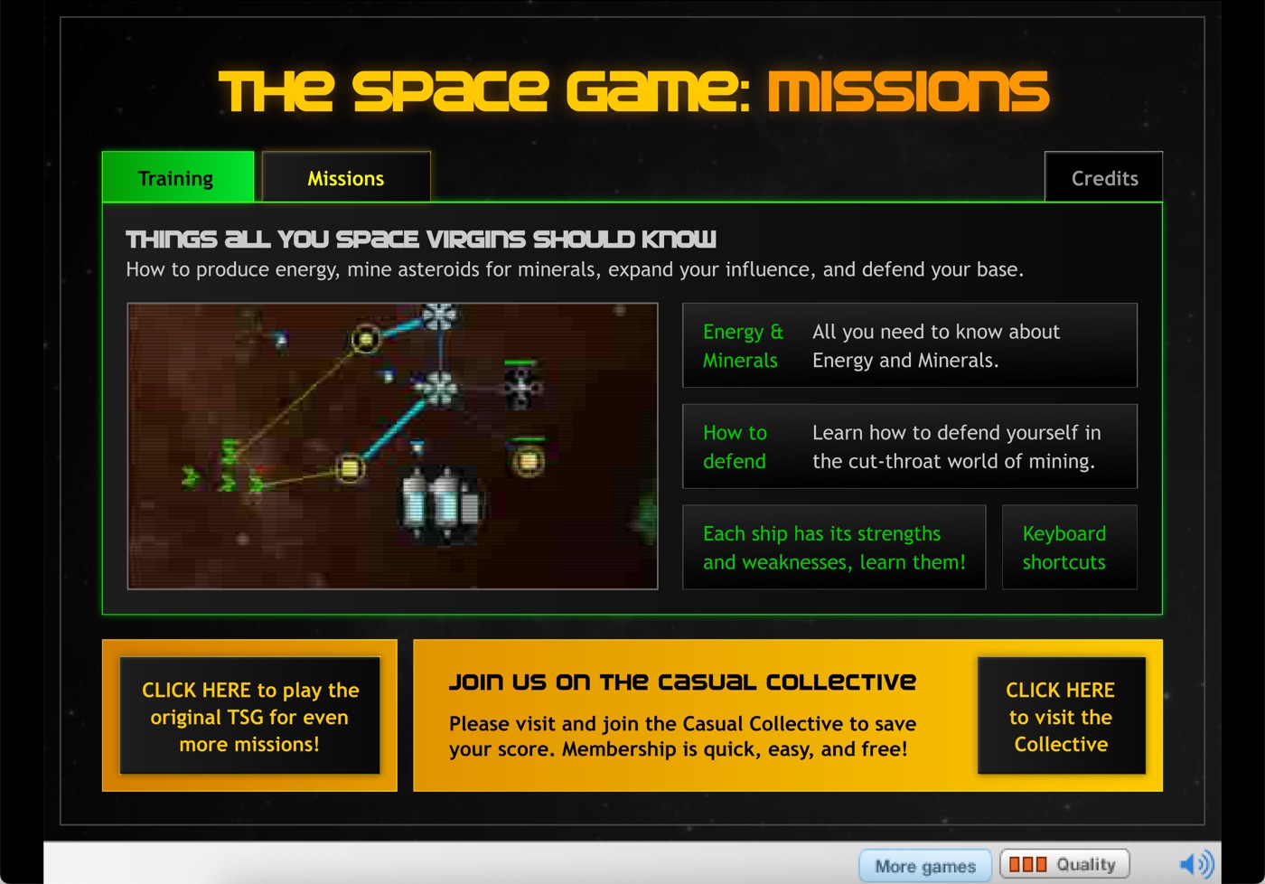 The Space Game: Missions main menu with the Join us on the Casual Collective banner